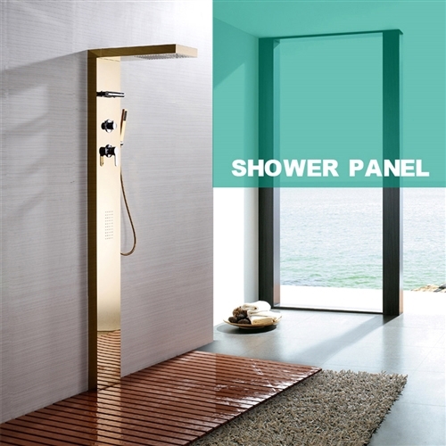 Leonardo Wall Mount Shower Panel Set Rainfall Waterfall Body Massage and Hand Shower 304 Stainless Steel Gold Finish